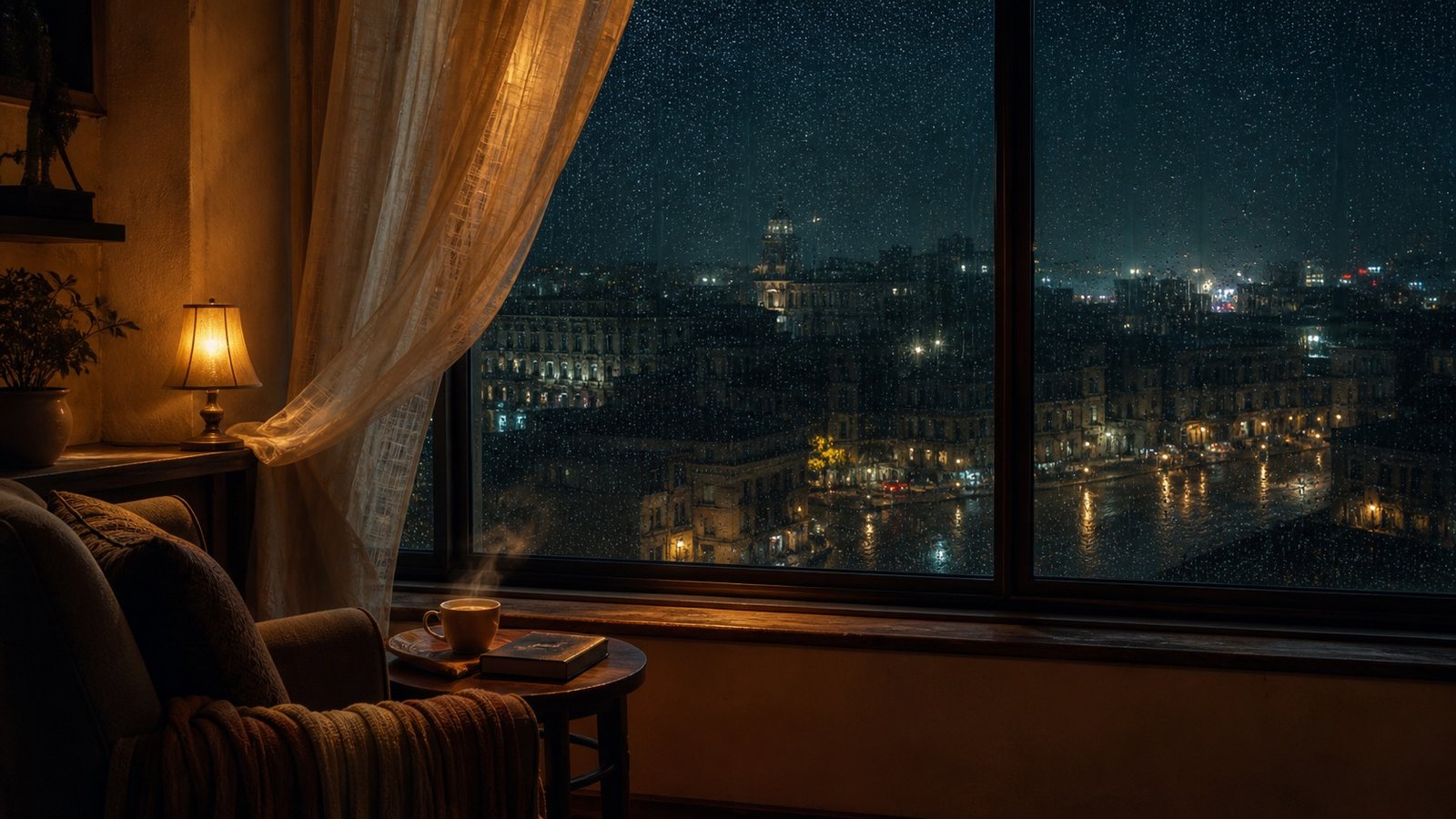 Cozy room beside a rain-covered city window