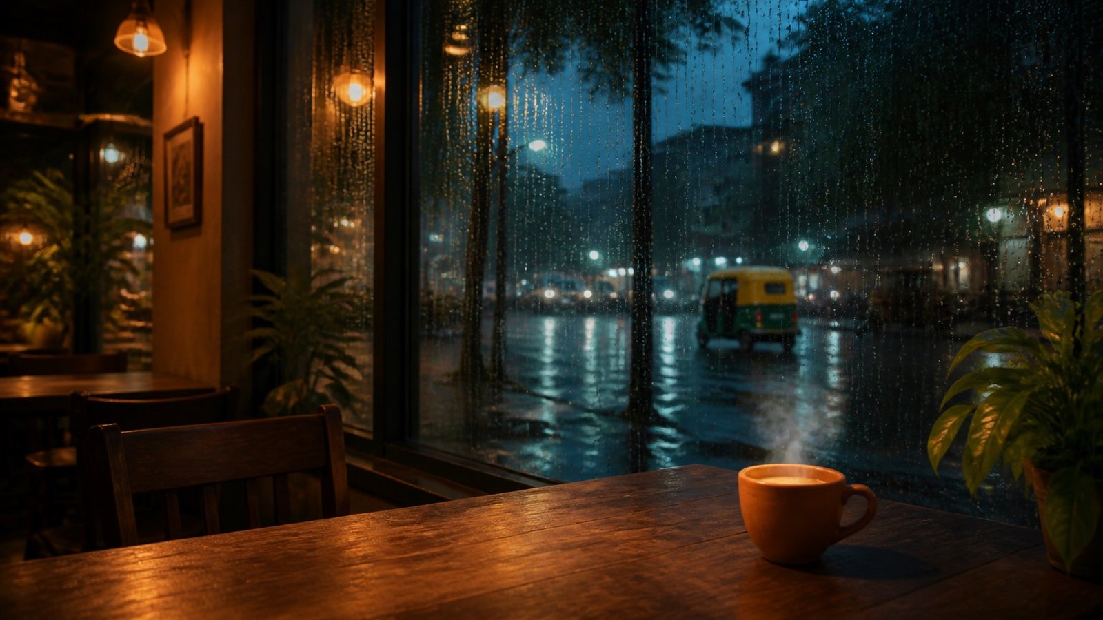 Warm cafe overlooking a rainy street