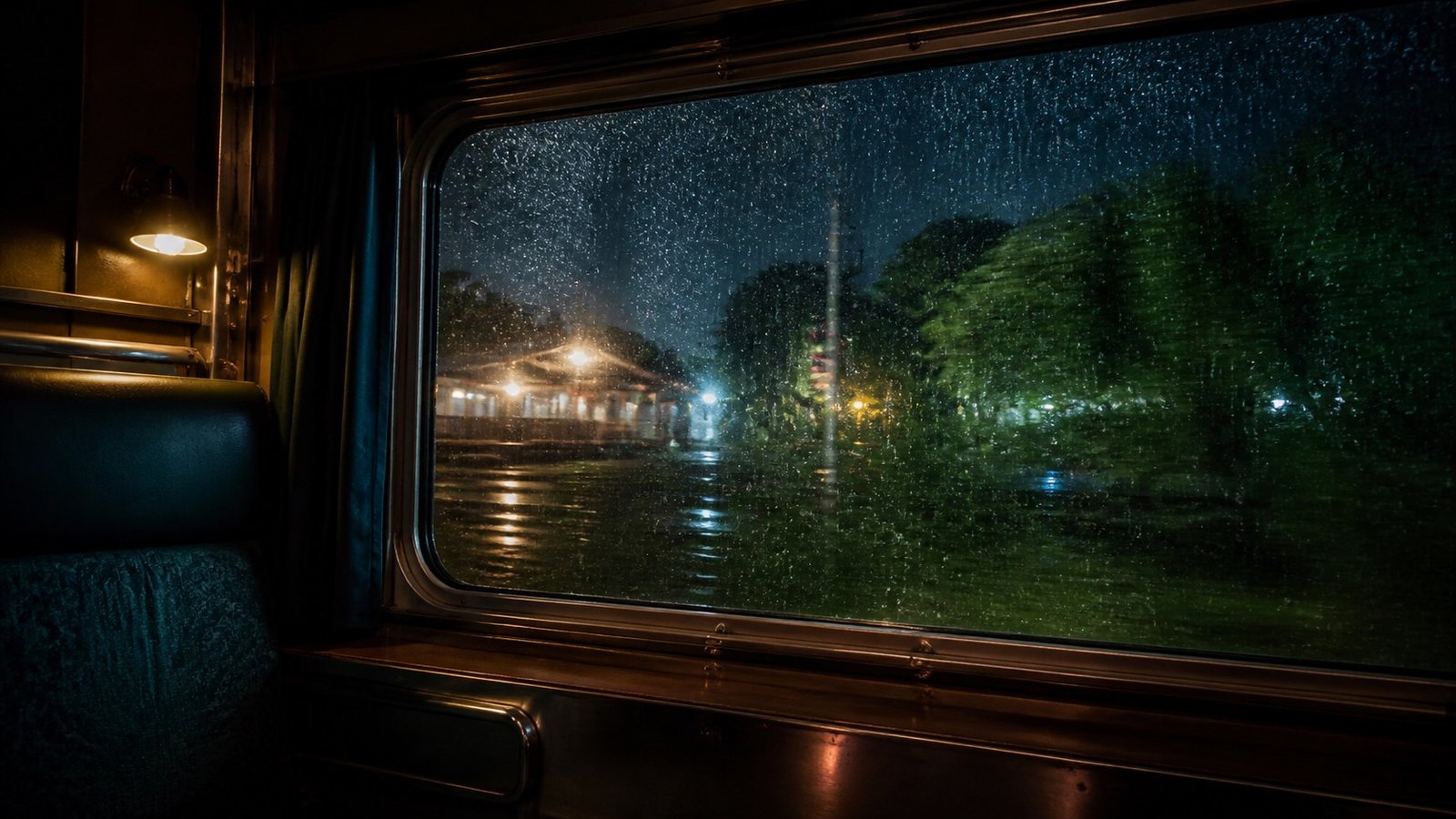 Train window in monsoon rain